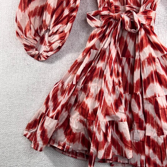 Banana Republic Red White Ikat Tiered Wrap Midi Dress Balloon Sleeve - Picture 2 of 12